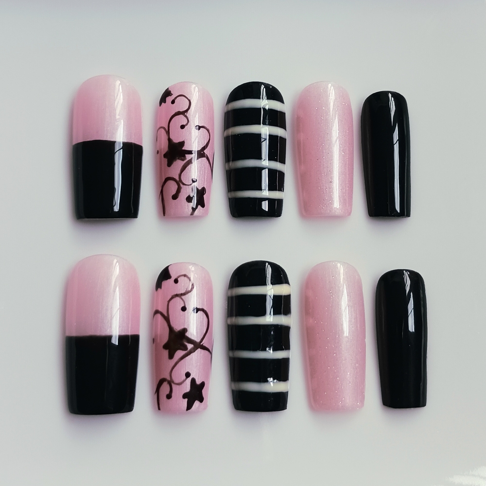 🎀Pink & black nail art set with Swirl design Handmade Gel Press on Nails 10pcs